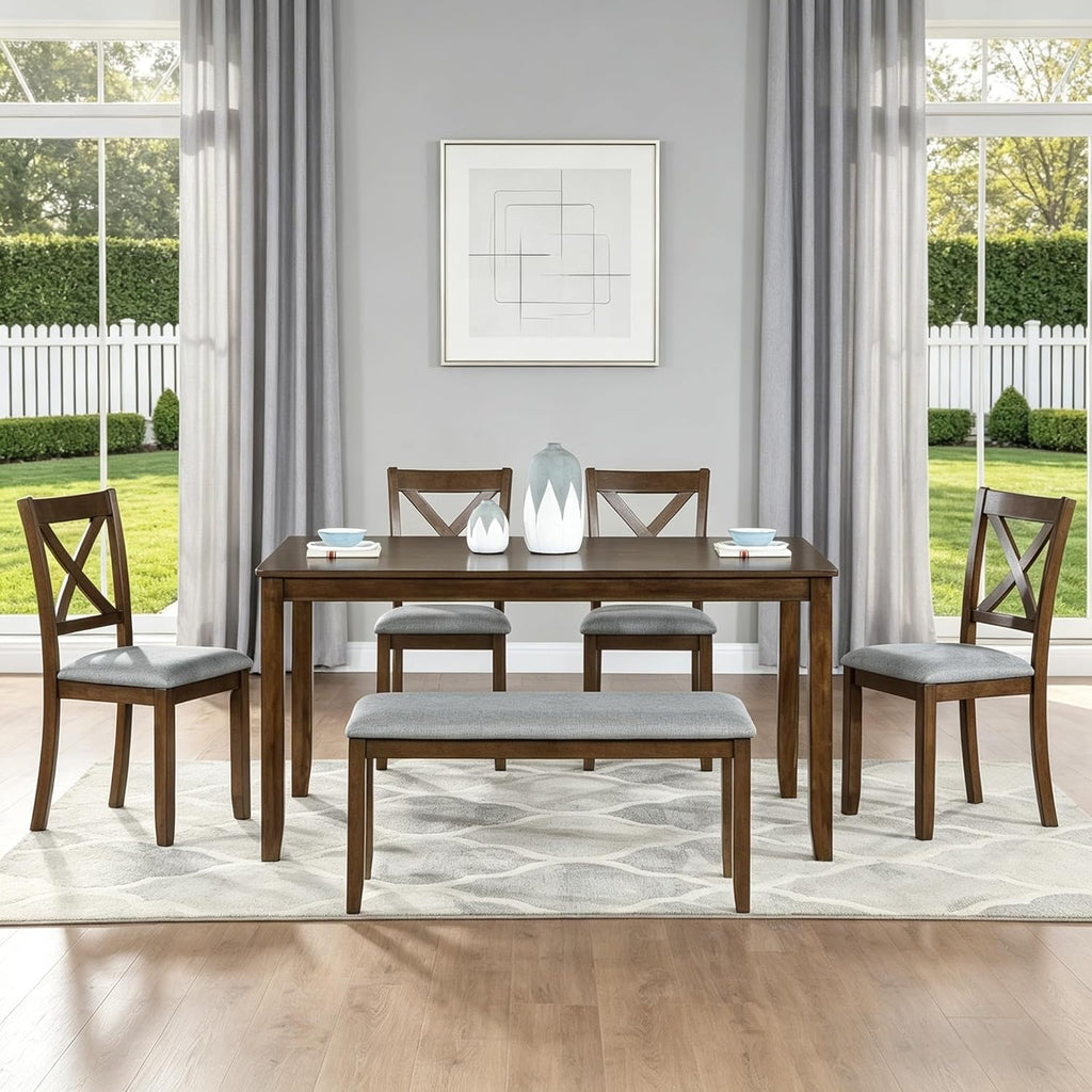 LUMISOL 6-Piece Solid Wood Dining Table Set, Wood Kitchen Table with 4 Chairs and Bench, Farmhouse Dining Table with Bench and Chairs Set for Kitchen, Living Room, Walnut Grey