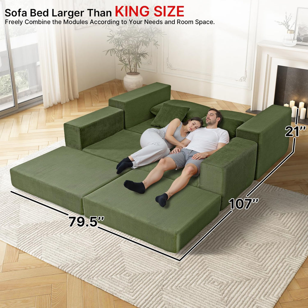 80" Sectional Couches for Living Room,Customizable Boneless Couch, Convertible Modular Sectional Sofa Bed, Plush Corduory Sleeper Sofa, Folding Futon L Shaped Couch No Assembly(Green)