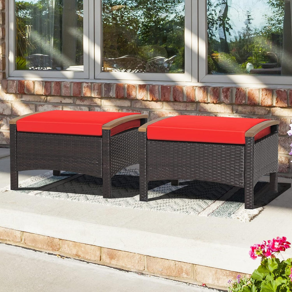 ORALNER Outdoor Ottoman, Set of 2 Rattan Footstools, All-Weather Wicker Foot Stools w/Removable Cushions, Patio Footrest Extra Seating for Porch, Poolside, Garden, Deck, Easy Assembly (Red)