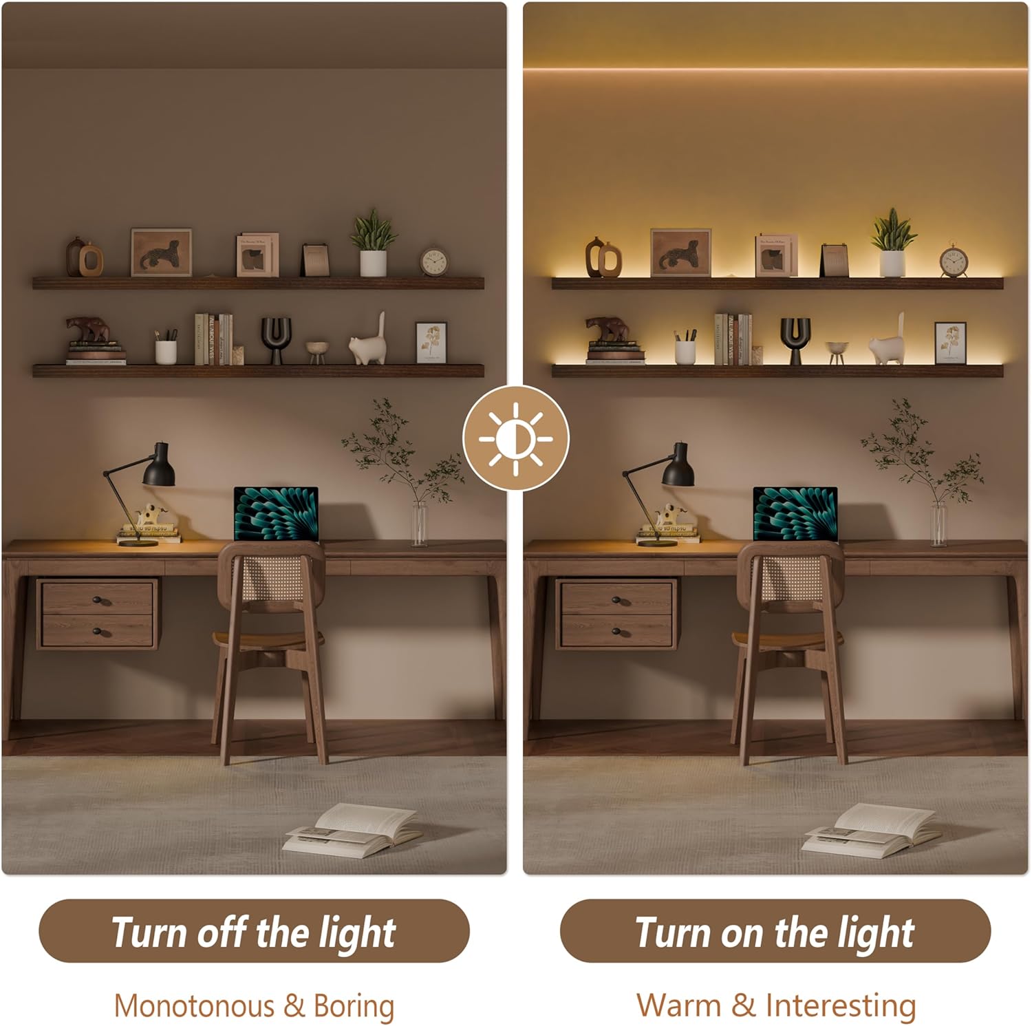 60 inch LED Gaming Floating Shelves for Wall,Solid Wood Long Wall Shelves Set of 2 with Light for Gaming Room,Walnut Rustic Wall Mounted Shelves for Living Room Bedroom Kitchen Garage