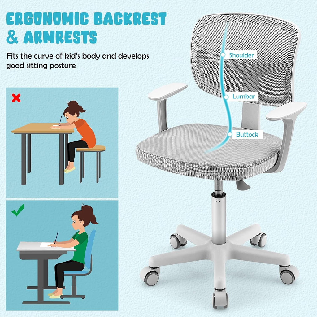 Kids Desk Chair, Height Adjustable Children Study Chair w/Lumbar Support, Swivel Mesh Seat, Universal Casters, Ergonomic Kids Task Chair for Boys Girls Aged 3-10, Home, School, Office(Grey)