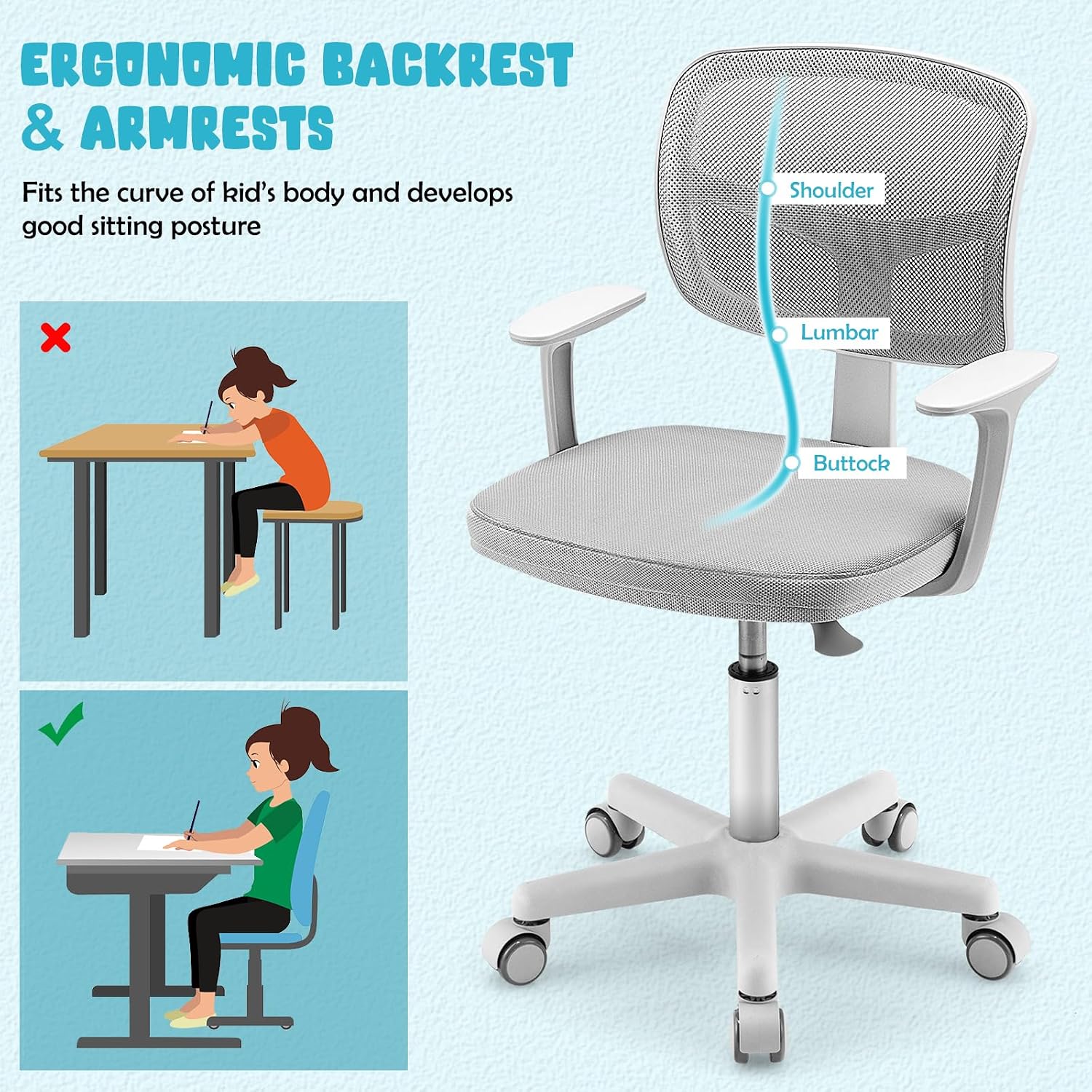Kids Desk Chair, Height Adjustable Children Study Chair w/Lumbar Support, Swivel Mesh Seat, Universal Casters, Ergonomic Kids Task Chair for Boys Girls Aged 3-10, Home, School, Office(Grey)