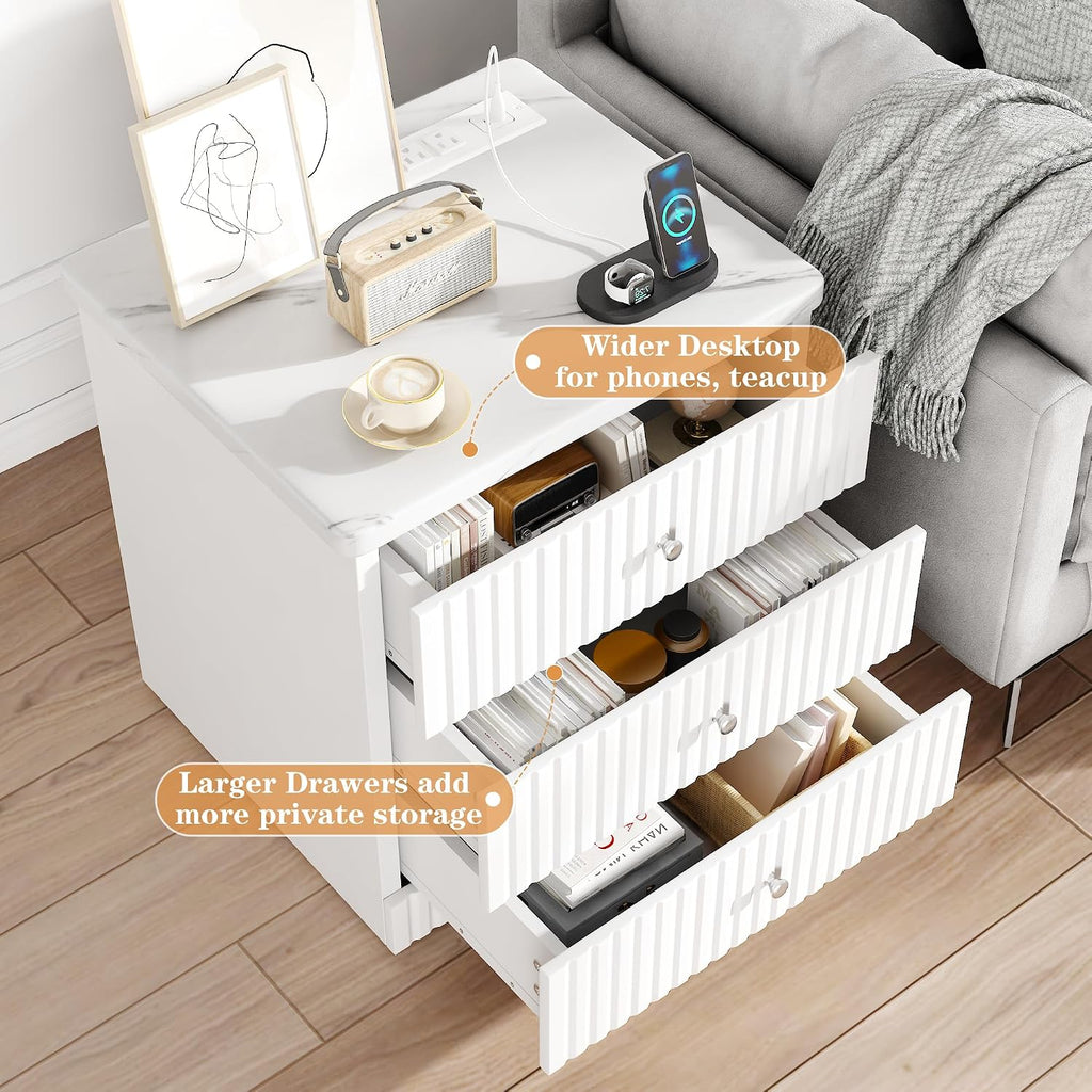 AWQM White Nightstand Set of 2, Night Stand with Charger Station and 3 Drawers, Modern End Table for Bedroom, Modern Nightstands with Storage, Suitable for Bedrooms, White