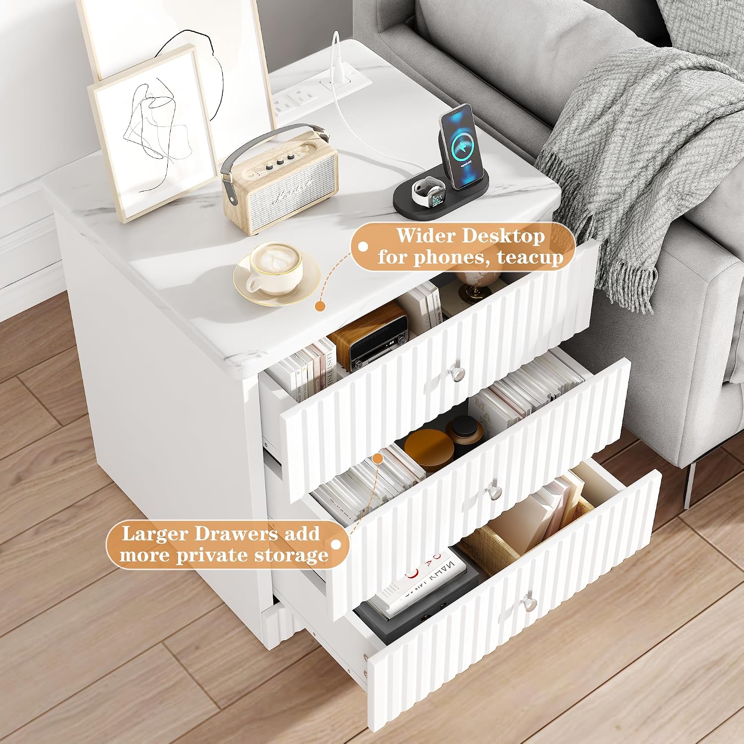AWQM White Nightstand Set of 2, Night Stand with Charger Station and 3 Drawers, Modern End Table for Bedroom, Modern Nightstands with Storage, Suitable for Bedrooms, White