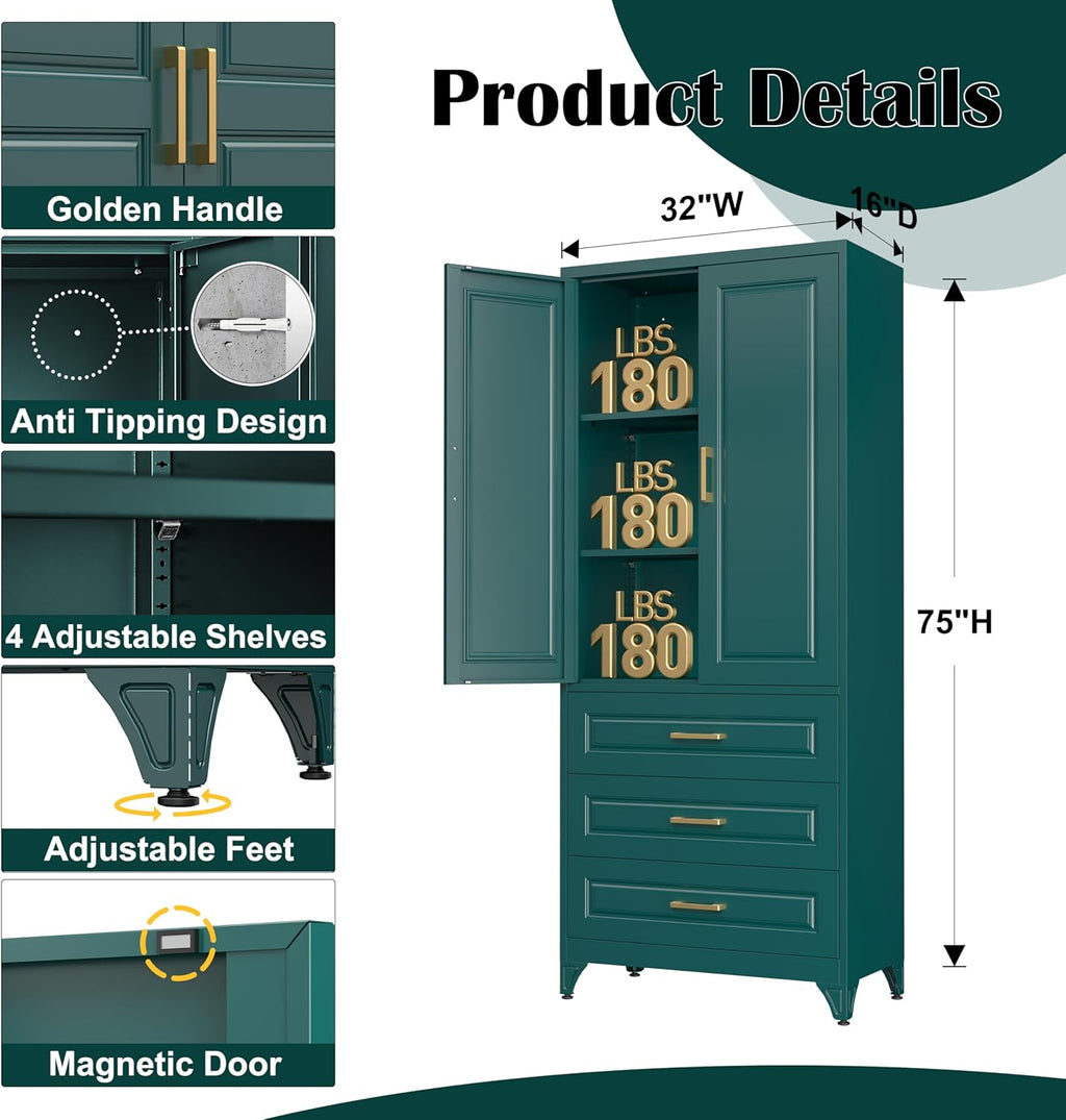 SteeLoong 75" Kitchen Pantry Cabinet with 3 Drawer,Metal Storage Cabinets with Doors and 2 Adjustable Shelves,Green Kitchen Cabinet with 2 Gold Handles,Food Cupboard for Livingroom,Pantry, Bathroom