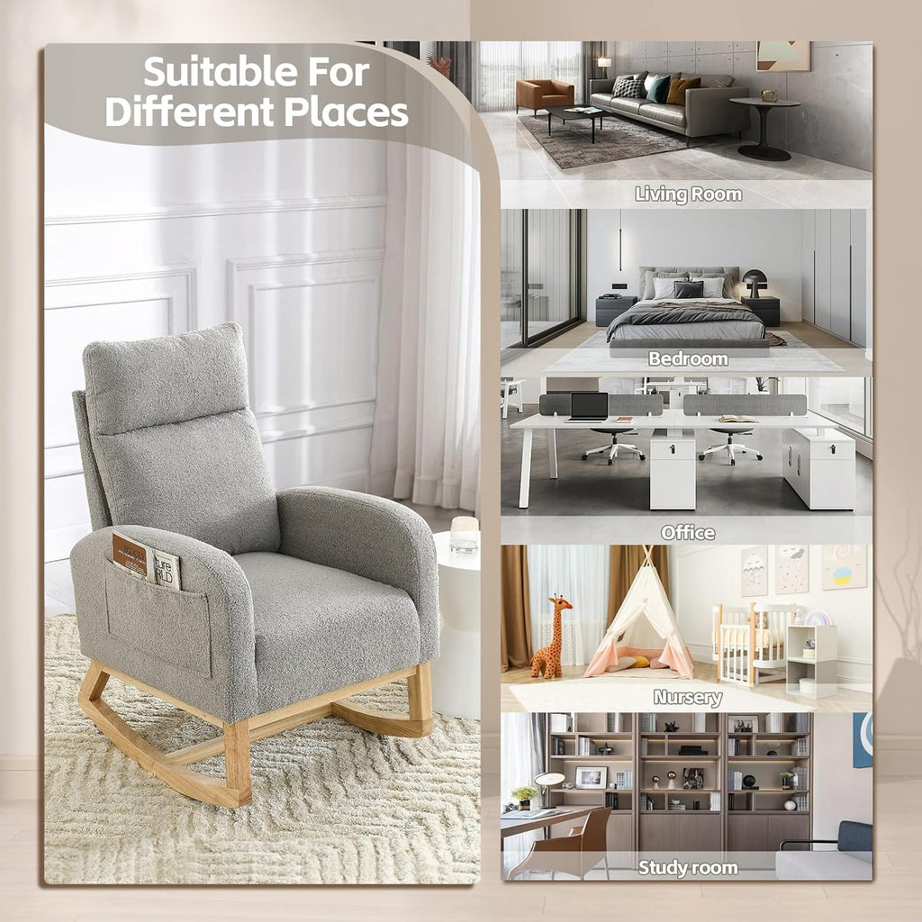 JEEOHEY Rocking Chair Nursery,Teddy Fabric Upholstered Baby Glider Rocker Chair,Comfy Accent Arm Chair with Side Pockets&Solid Wood Legs,Modern Nursing Single Sofa Chair for Living Room,Bedroom(Grey)