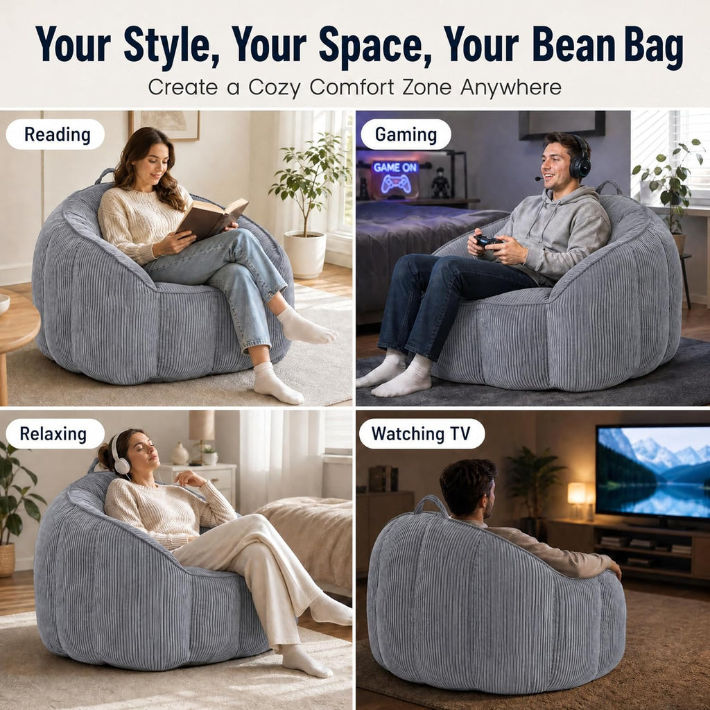 Bean Bag Chair for Adults with Armrests, Oversized Corduroy Bean Bag Sofa with High Back Support, Comfy Memory Foam Lounge Chair for Living Room, Bedroom, Dorm & Gaming (Dark Gray)