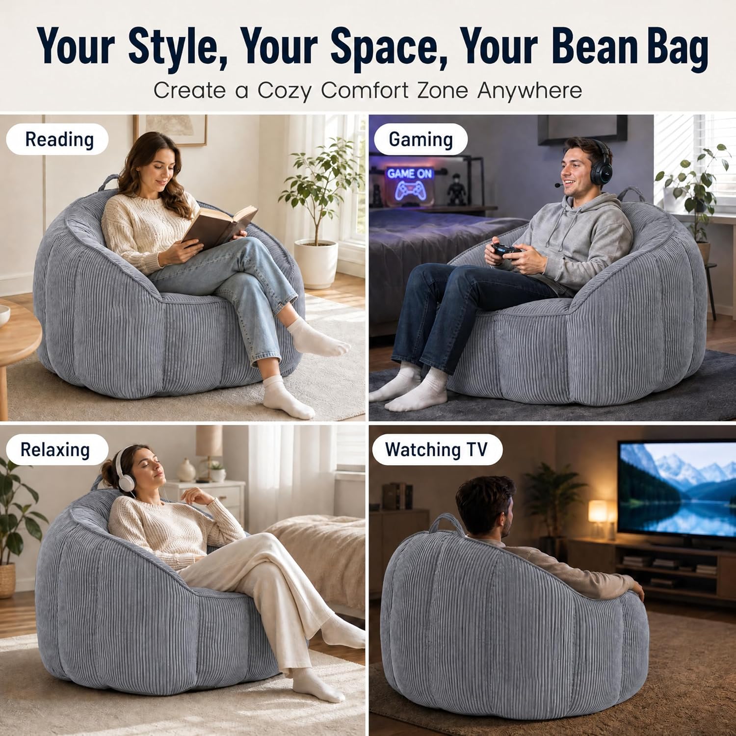 Bean Bag Chair for Adults with Armrests, Oversized Corduroy Bean Bag Sofa with High Back Support, Comfy Memory Foam Lounge Chair for Living Room, Bedroom, Dorm & Gaming (Dark Gray)
