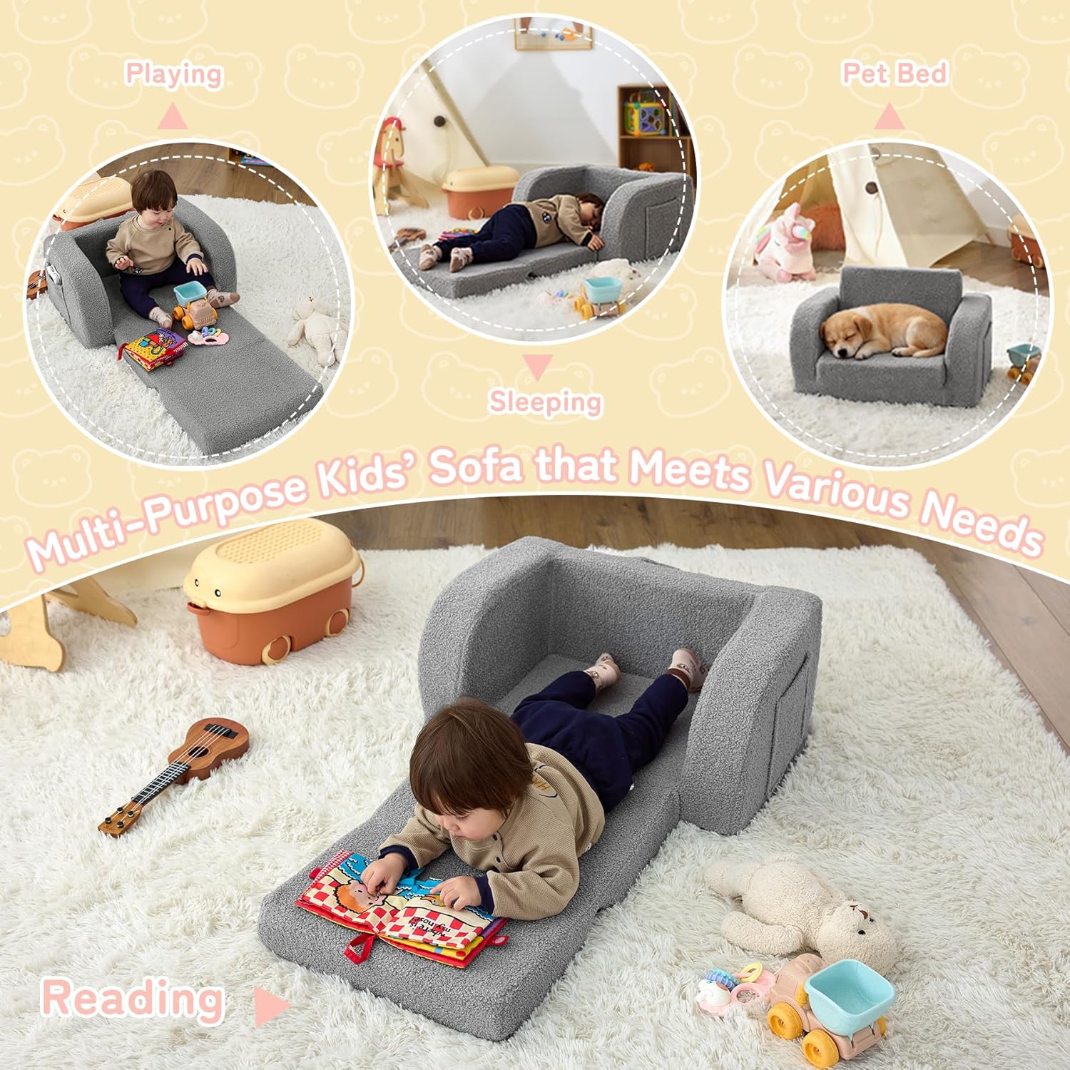Toddler Couch, 2-in-1 Toddler Chairs Comfy 1-3 Years Old, Toddler Chair for Girls and Boys, Kids Couch Bed Fold Out, Convertible Baby Sofa to Lounge Chair for Playing, Reading, Napping, Grey