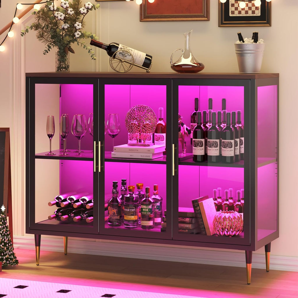 Glass Sideboard Buffet Cabinet with LED Lights, Metal & Wood Modern Storage Cabinet with 3 Glass Doors, Adjustable Shelves, Coffee Bar Cabinet for Kitchen, Entrance, Living Room, Dining Room, Black