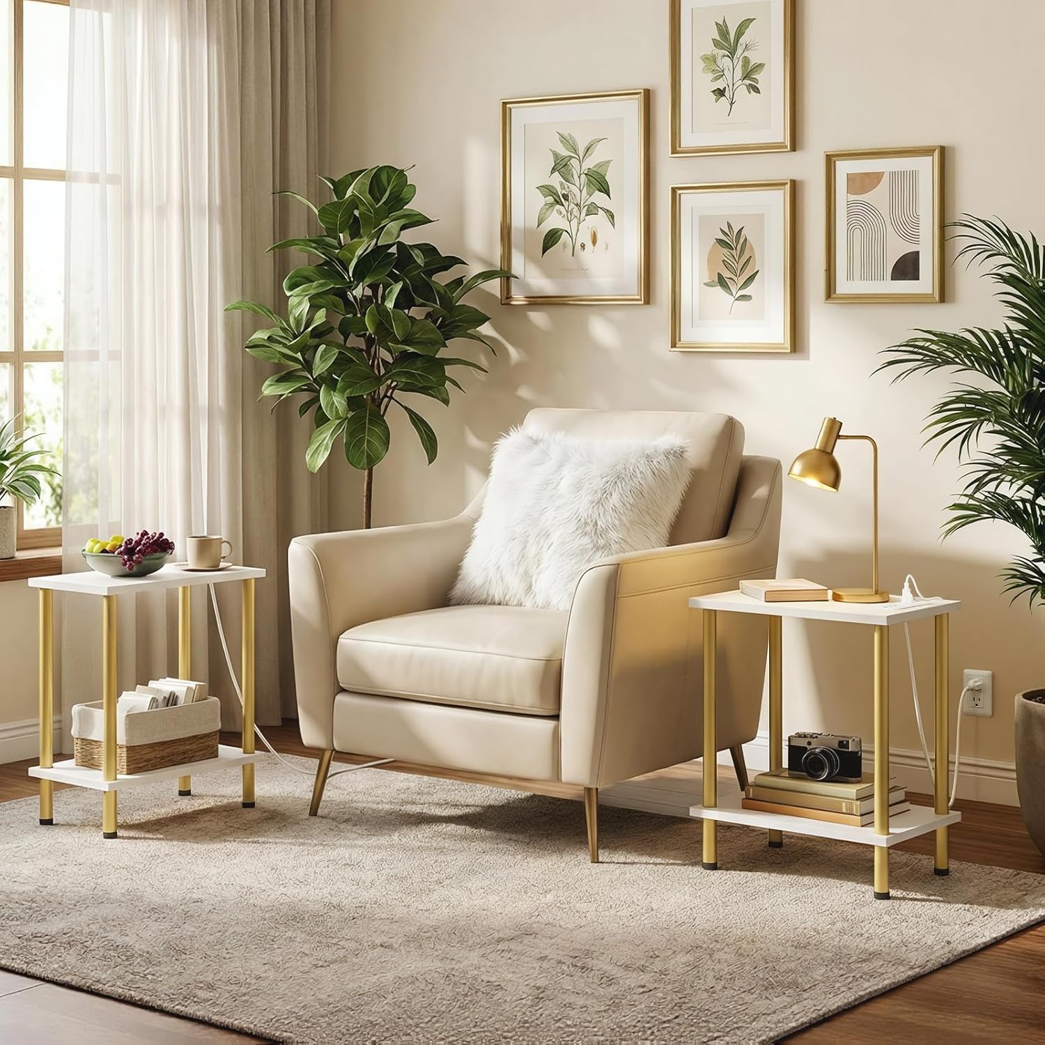 HOOBRO Side Table with Charging Station, End Table with USB Port and Outlet, Nightstand with 2-Layer Storage Shelves for Small Spaces, Living Room, Bedroom, Stable Frame, White and Gold DW09UBZ01