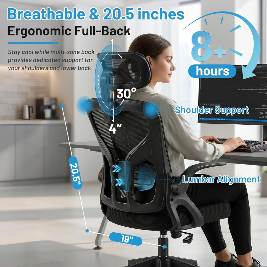 Office Chair Ergonomic Desk Chair with Adjustable Headrest Lumbar Support, High Back Breathable Mesh Chair with 120° Tilt & Flip-Up Armrests, Swivel Comfy Task Computer Chair for Work, Study