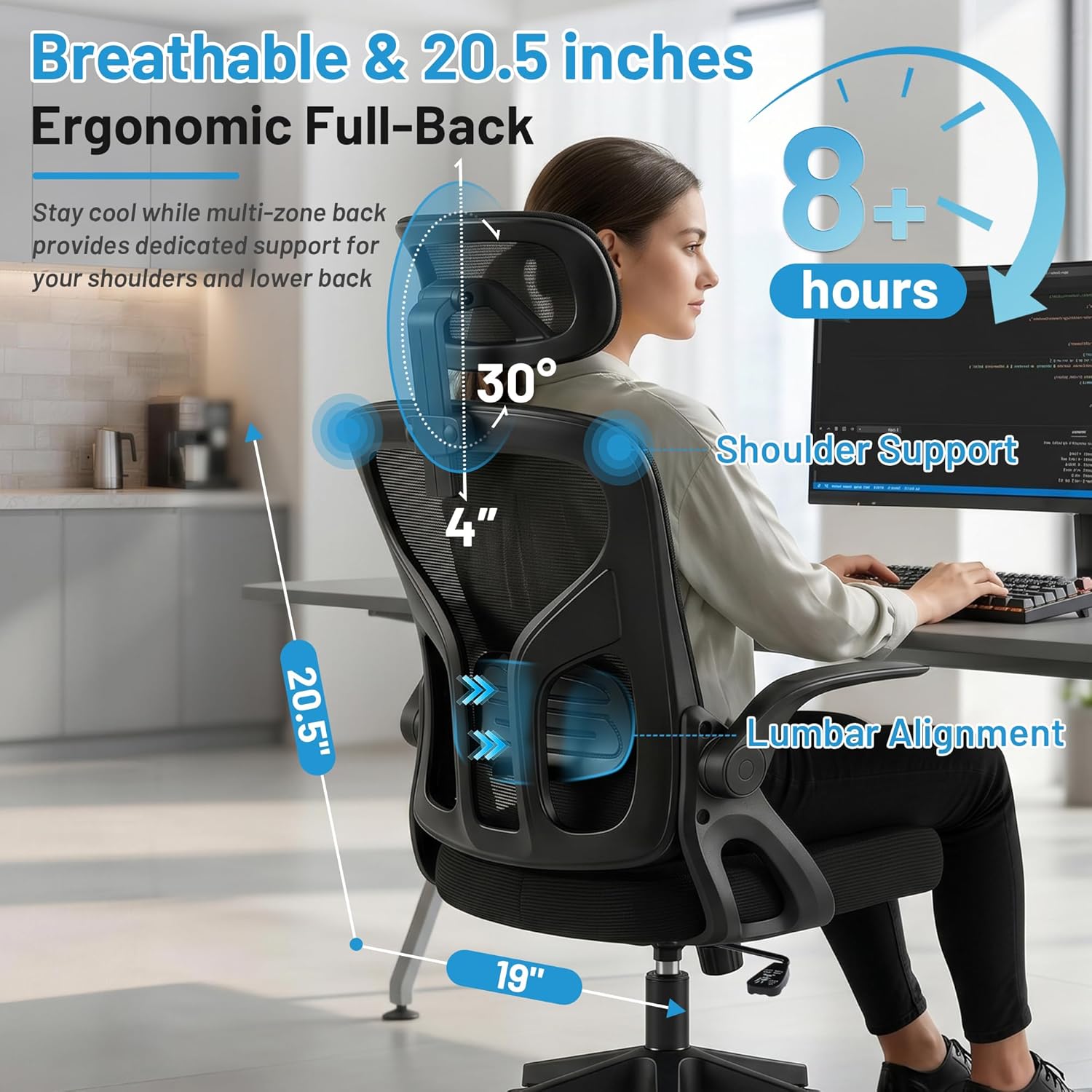 Office Chair Ergonomic Desk Chair with Adjustable Headrest Lumbar Support, High Back Breathable Mesh Chair with 120° Tilt & Flip-Up Armrests, Swivel Comfy Task Computer Chair for Work, Study