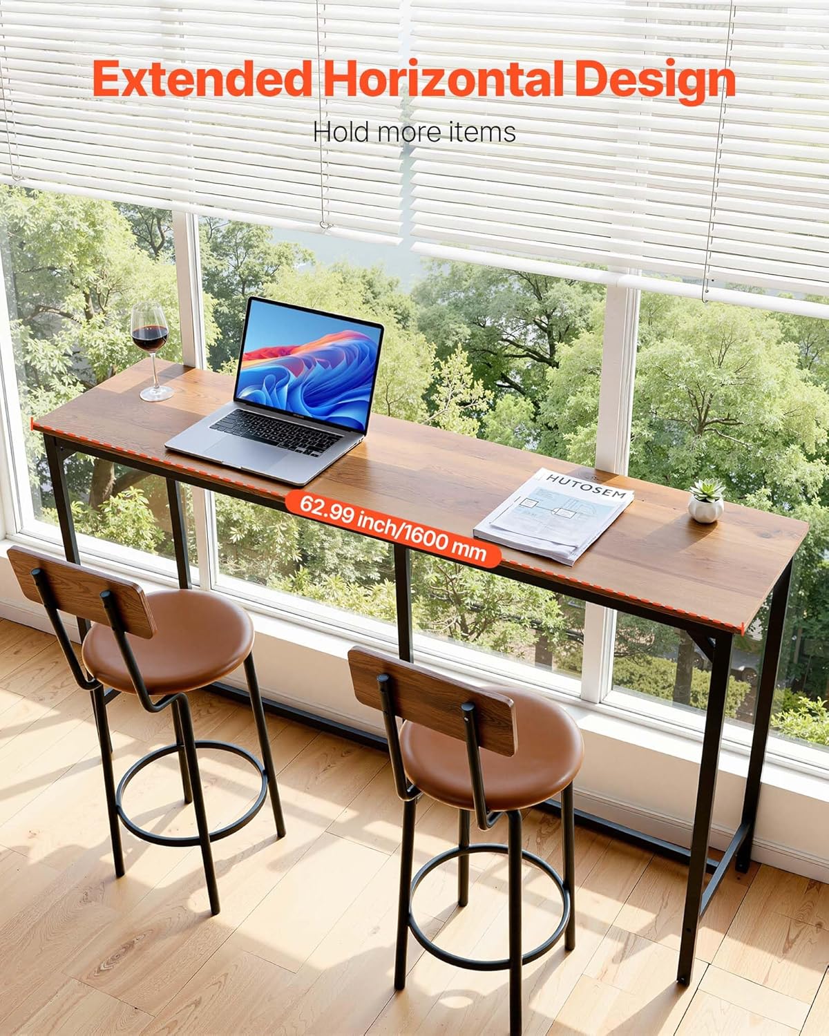 VEVOR Bar Table, Sturdy Metal Frame High Top Pub Table, Small Kitchen Dining, Cocktail Coffee Counter Bar Height Desk, Easy to Assemble, 63x16x36 in, for Living Room Party, Brown
