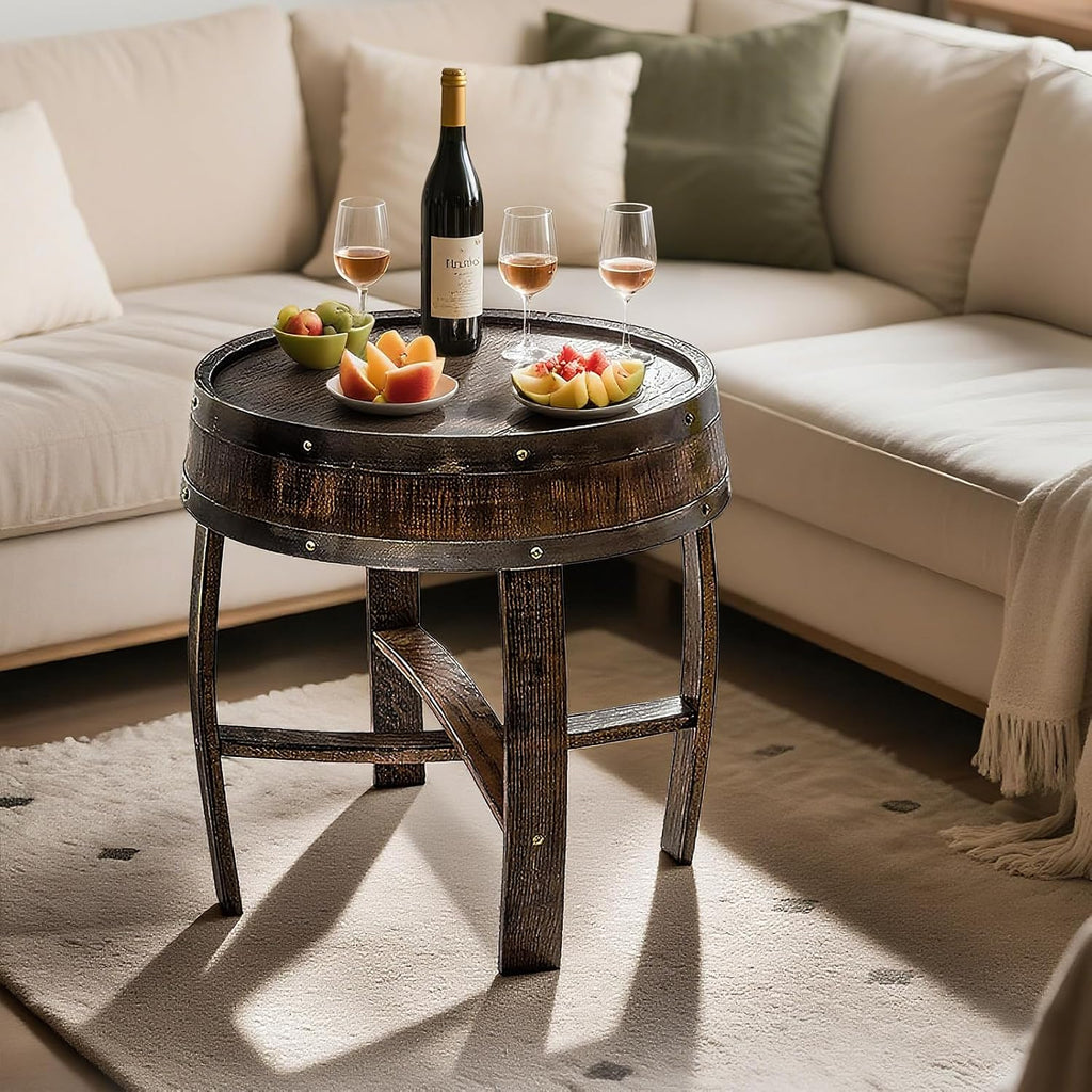 Handcrafted Whiskey Barrel End Table,Authentic Bourbon Barrel Side Table, Rustic Round Wood Accent Table for Home Bar, Living Room & Farmhouse Decor