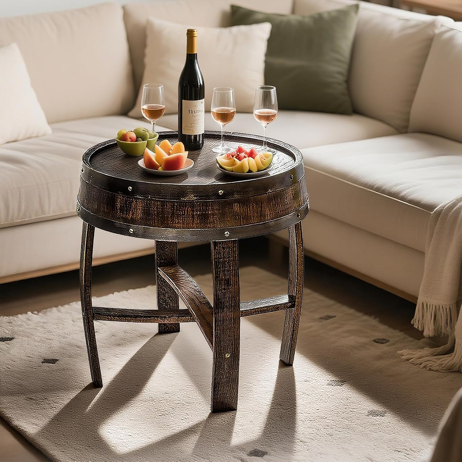 Handcrafted Whiskey Barrel End Table,Authentic Bourbon Barrel Side Table, Rustic Round Wood Accent Table for Home Bar, Living Room & Farmhouse Decor