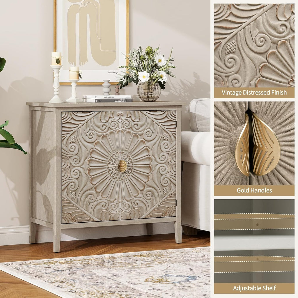 Carved Buffet Cabinet with Floral Pattern & Gold Handle, 31.5" W Distressed Sideboard with 2 Doors & Solid Wood Leg, American Style Accent Cabinet for Living Room, Kitchen, Vintage Color, 1 PC