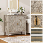 Carved Buffet Cabinet with Floral Pattern & Gold Handle, 31.5" W Distressed Sideboard with 2 Doors & Solid Wood Leg, American Style Accent Cabinet for Living Room, Kitchen, Vintage Color, 1 PC