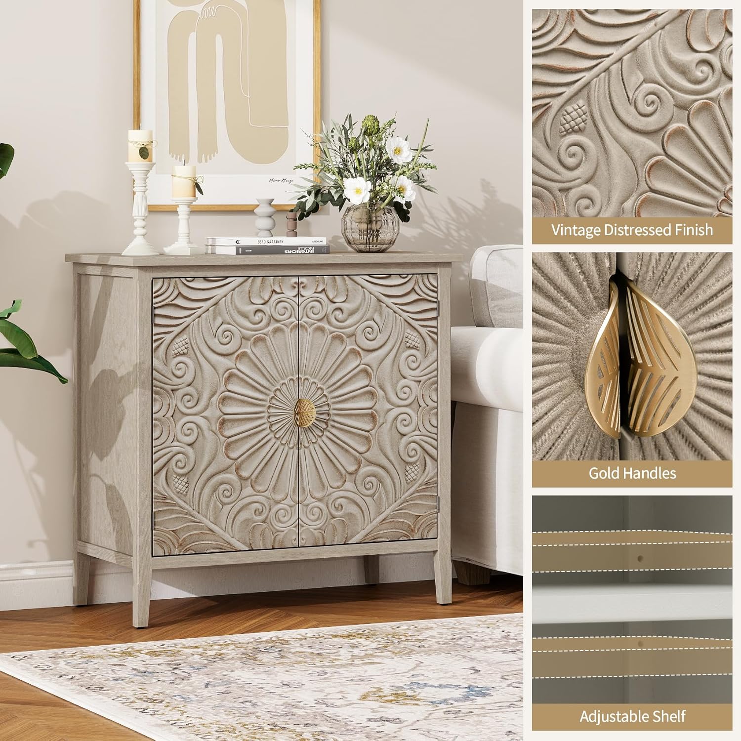 Carved Buffet Cabinet with Floral Pattern & Gold Handle, 31.5" W Distressed Sideboard with 2 Doors & Solid Wood Leg, American Style Accent Cabinet for Living Room, Kitchen, Vintage Color, 1 PC