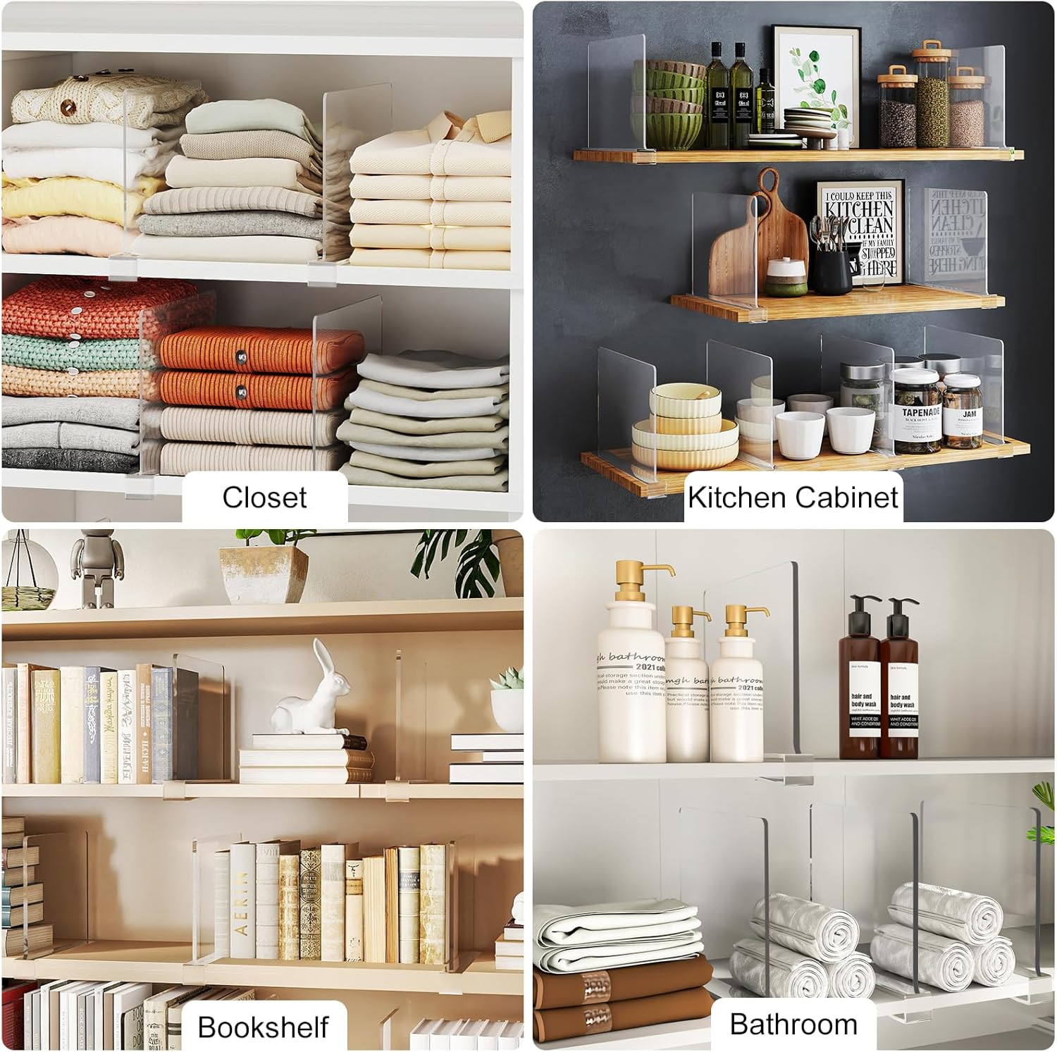 Purse Organizer for Closet Shelf Dividers: 8-Pack Adjustable Clear Acrylic Bag Storage Organizer for Handbags, Sweaters, Towels, Jeans and Shoes on Wood Shelves