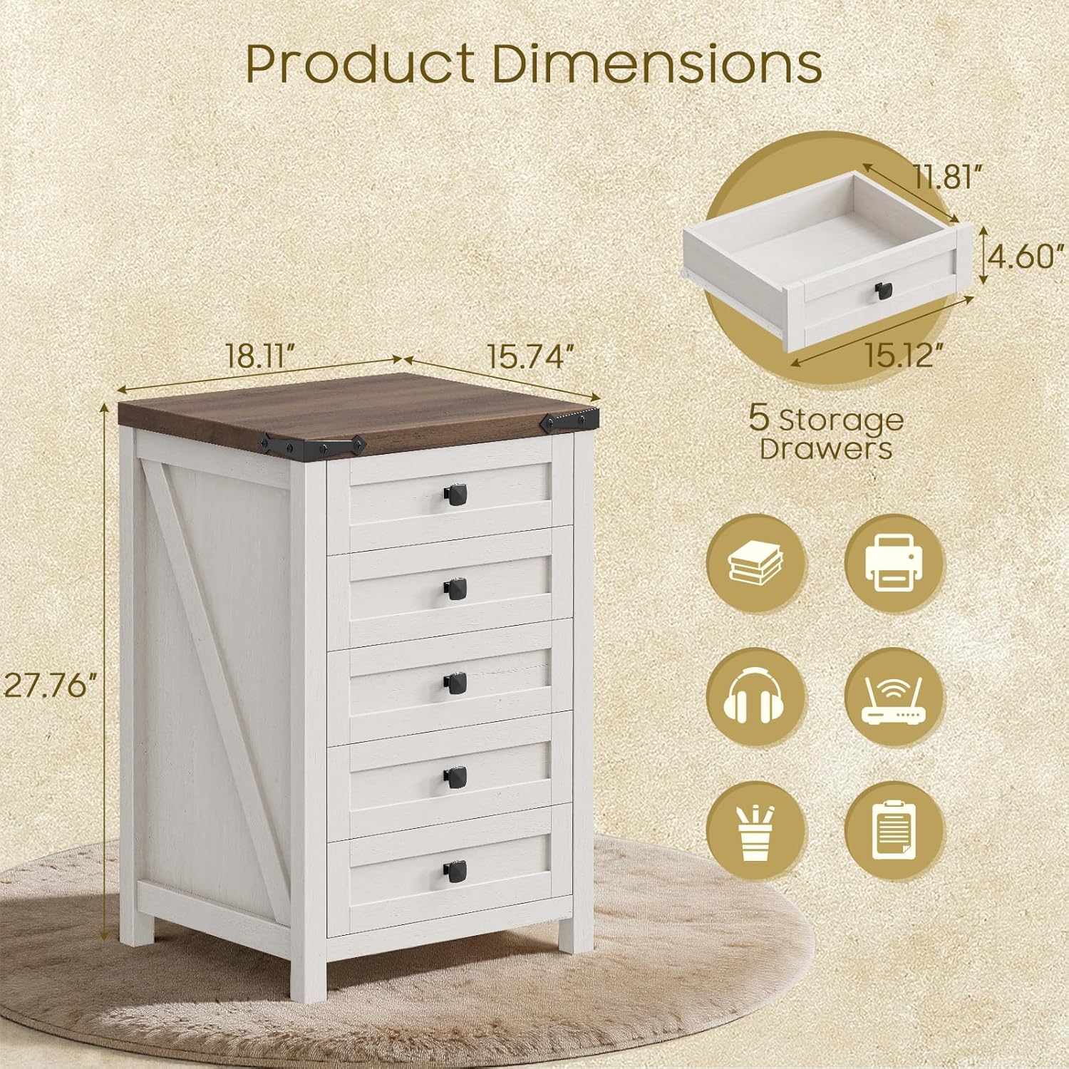 Halitaa 5 Drawer Storage Cabinet, Office Storage Cabinet with 5 Drawers, Small Farmhouse Printer Stand for Home Office, Rustic White and Brown