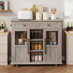 GarveeHome 41 in Rustic Kitchen Island on Wheels - Wood Drop-Leaf Table with 3-Tier Storage, Mobile Coffee Bar Cart (Light Gray)