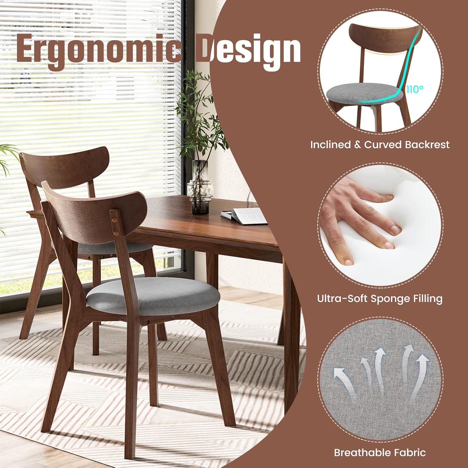 KOTEK Dining Chairs Set of 4, Mid Century Modern Kitchen Chairs with Rubber Wood Legs, Cushioned Seat, Curved Backrest, Wooden Side Chairs for Dining Room, Living Room