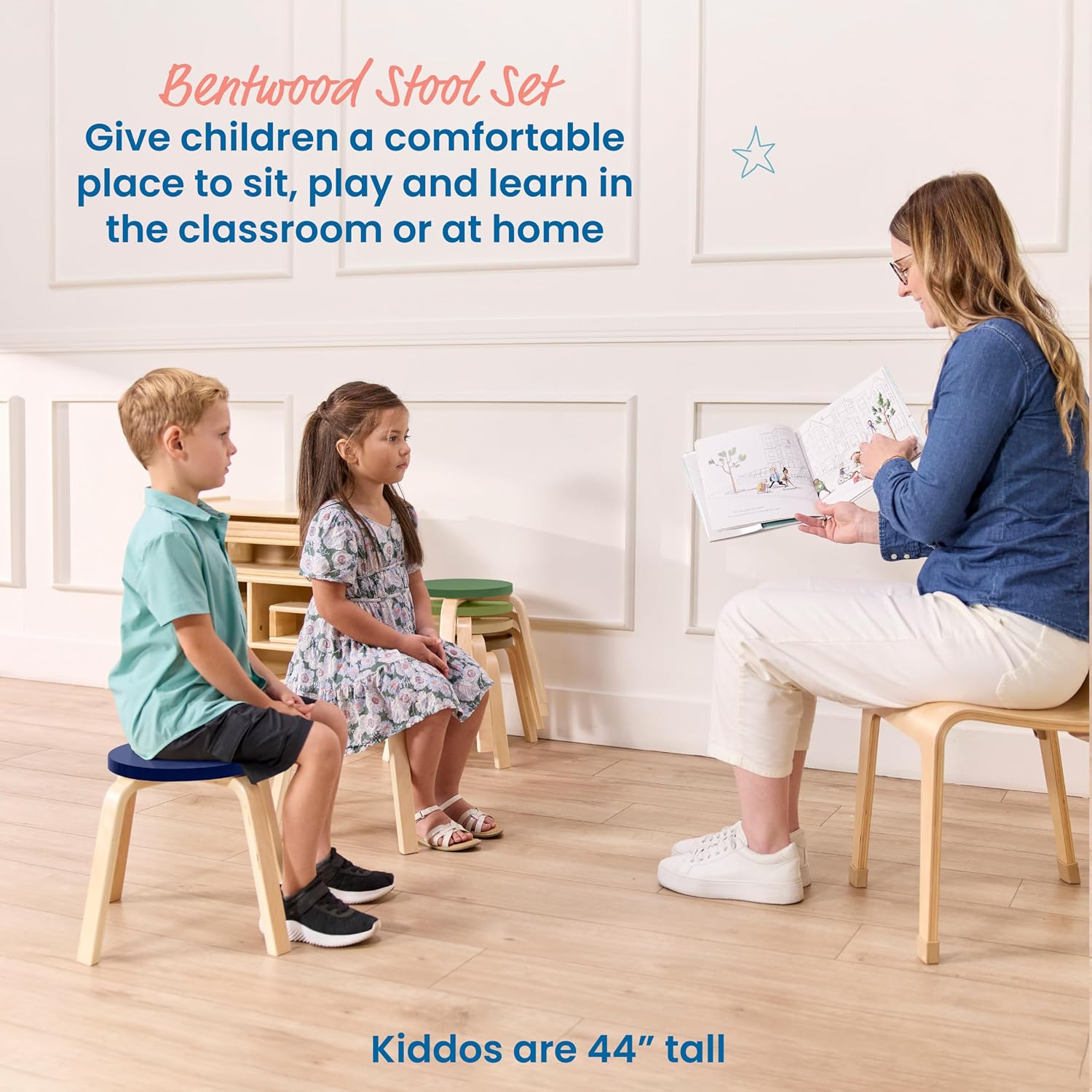 ECR4Kids Bentwood Stackable Stools, 12in Seat Height, Classroom Furniture, Earthtone, 6-Piece