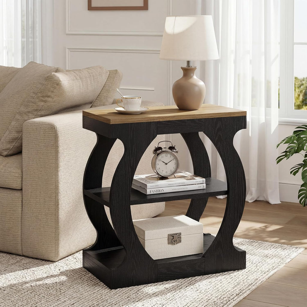 Tribesigns End Table with 3-Tier Storage, Narrow Side Table with Curved Frame, Wooden Nightstand for Living Room, Small Spaces, Bedroom, Rustic Brown & Black