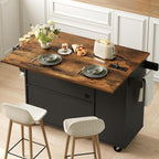 RALGEND Rolling Kitchen Island Cart with Drop Leaf & Power Outlet, Mobile Kitchen Island on Wheels, Island Table with Storage Cabinet, Microwave Shelf & Wine Rack for Kitchen, Black & Rustic Brown
