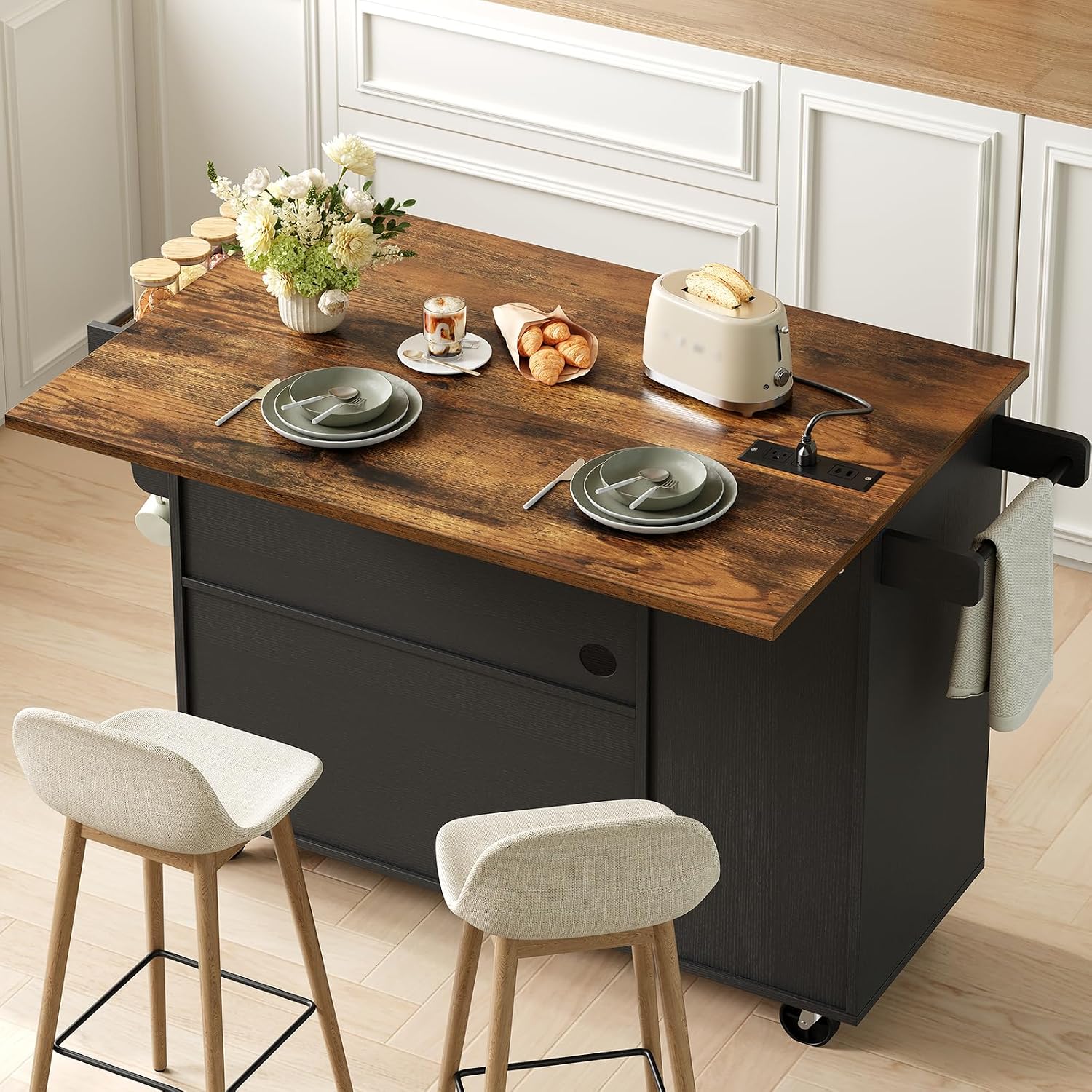 RALGEND Rolling Kitchen Island Cart with Drop Leaf & Power Outlet, Mobile Kitchen Island on Wheels, Island Table with Storage Cabinet, Microwave Shelf & Wine Rack for Kitchen, Black & Rustic Brown