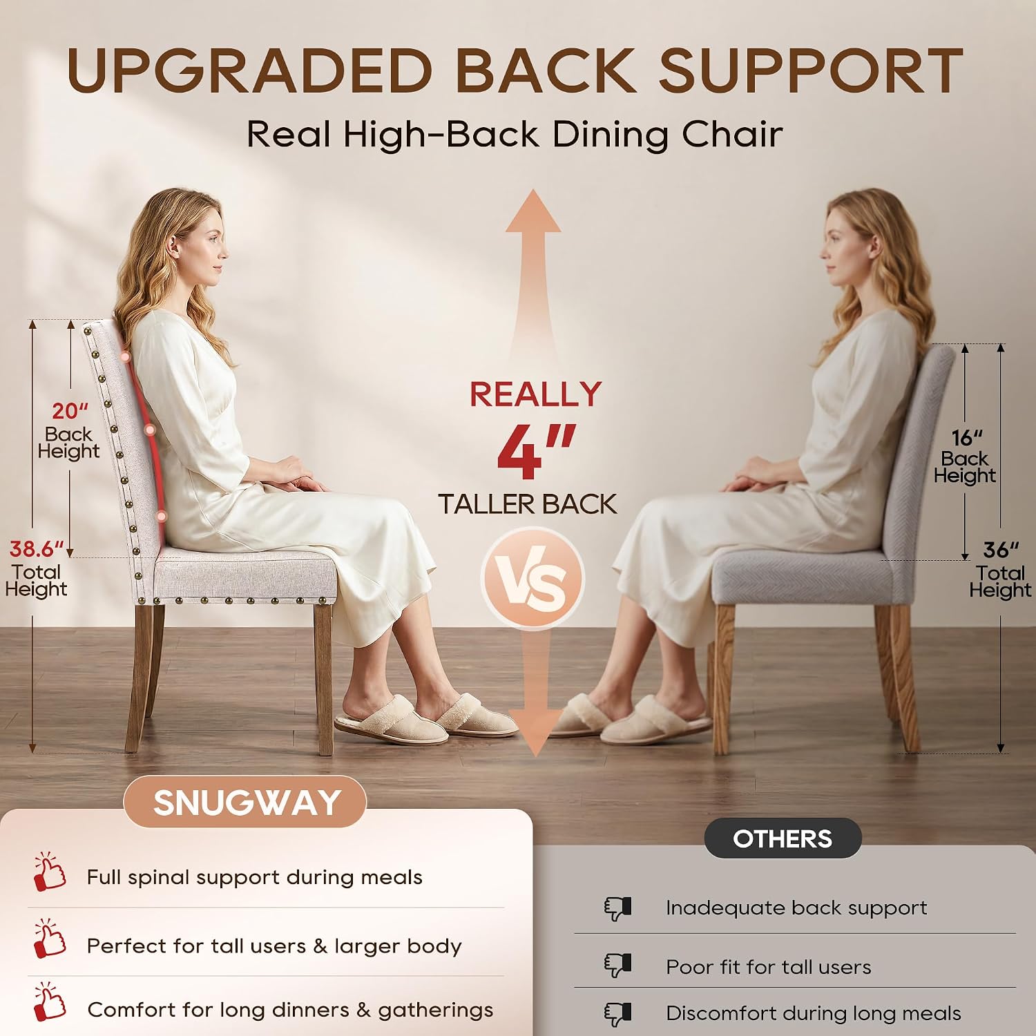 Upholstered Dining Chair Modern Stylish Parsons Kitchen Diner High Back with Bronze Nailhead Trim & Wood Legs, Set of 2, Beige