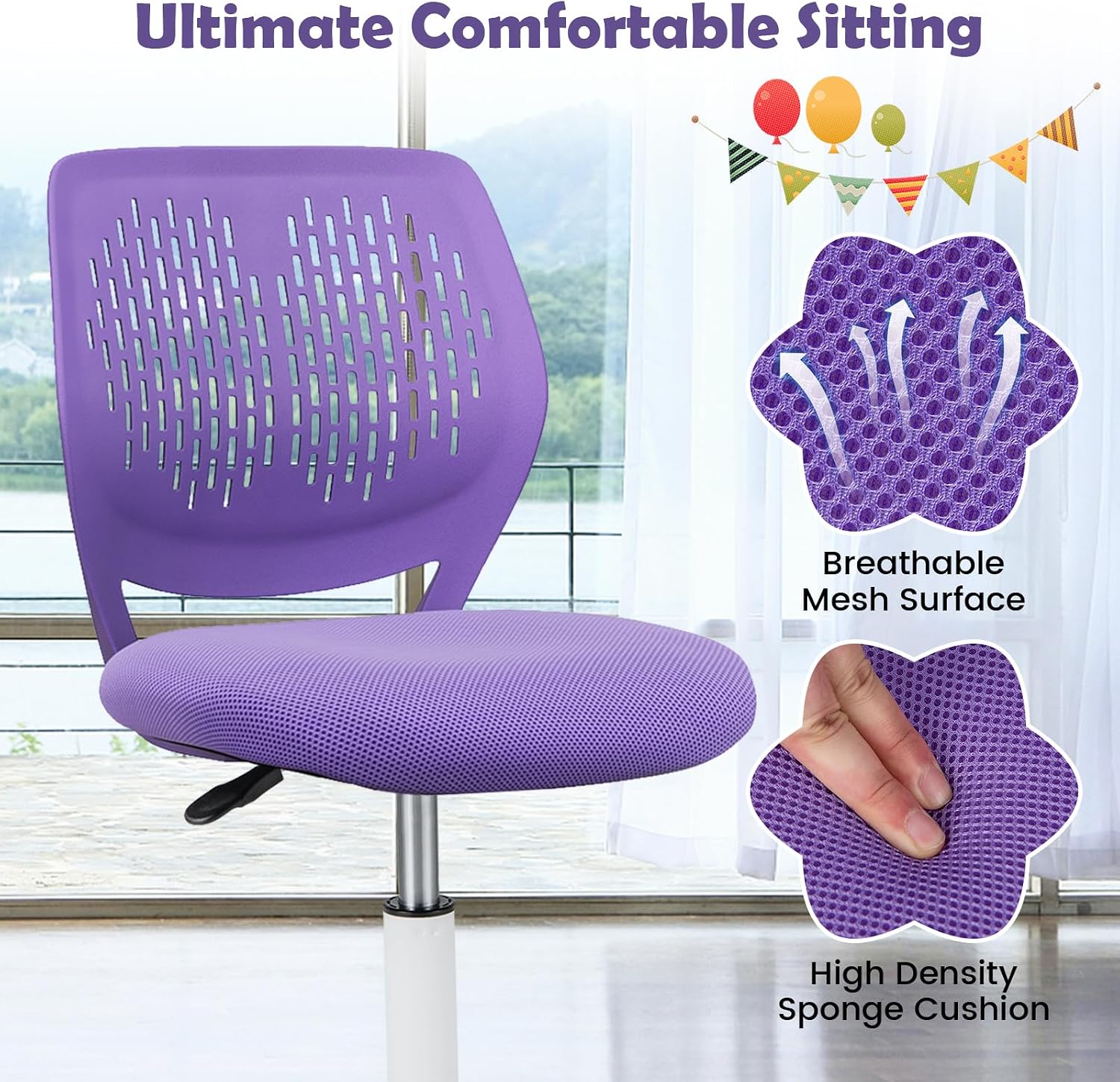 MEDIMALL Kids Desk Chair, Purple Ergonomic Kids Office Chair Ages8-12 w/Lumbar Support, Low-Back Teen Desk Chair for Girls Boys, Small Cute Kids Computer Chair for Bedroom/Study/Vanity Desk