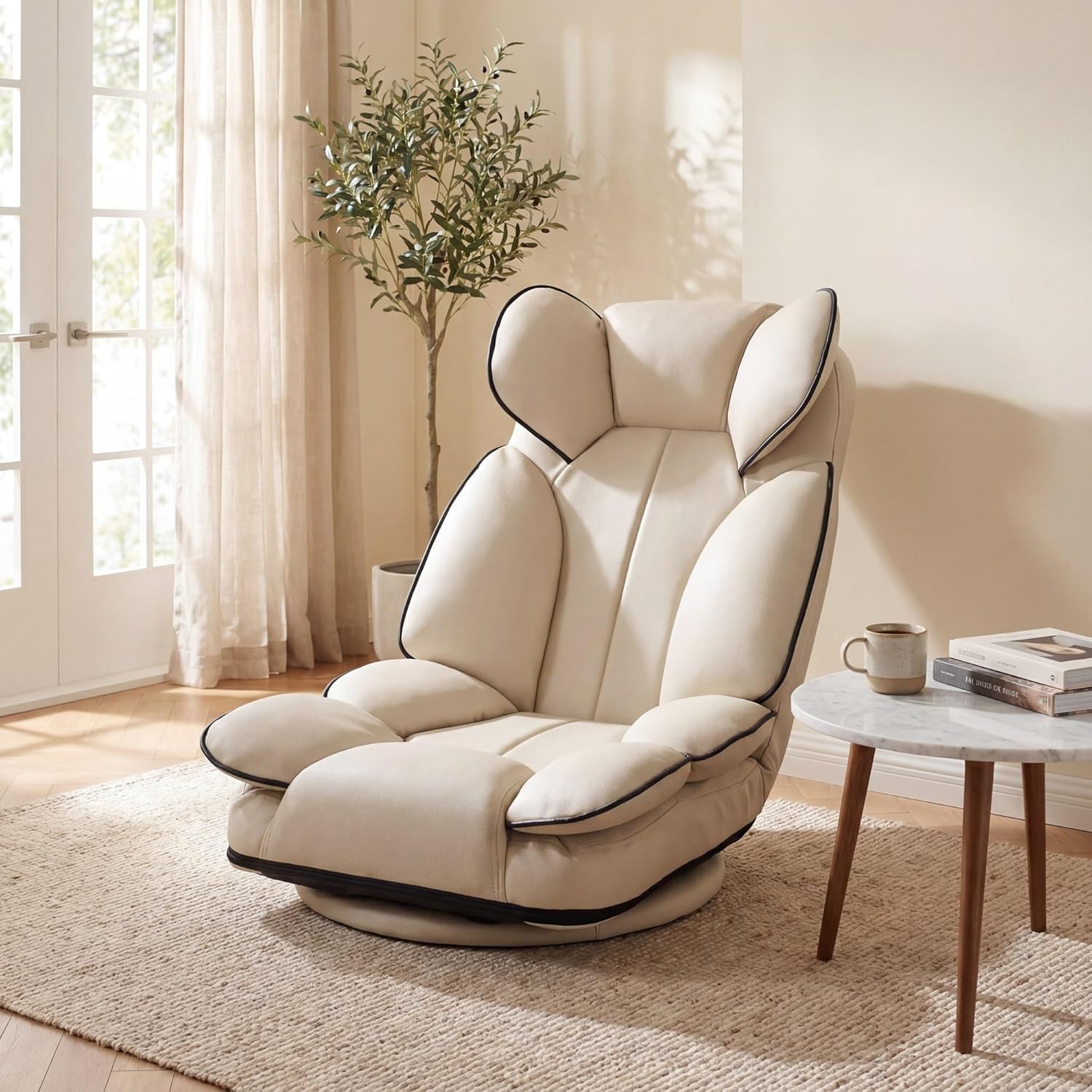 KOMFOTT 360° Swivel Floor Gaming Chair, Lazy Lounger Sofa with 6-Position Adjustable Backrest and Sponge Filling, Folding Floor Chair Lounge Chair for Reading, Relaxing, Gaming and TV Watching (Beige)