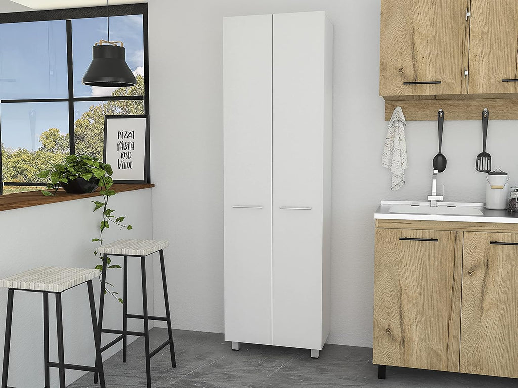 Pensacola Double Door Pantry Cabinet: 78" High Storage with 5 Shelves - White Modern Style Particle Board for Home Organization & Kitchen Storage