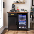 GDLF Coffee Bar Cabinet with Fridge Space, Mini Fridge Stand,Black | Compact Refrigerator Stand, Large Drawer & Cabinet, Black Finish with Warm Brown Top for Kitchen, Office, Dorm & Snack Bar