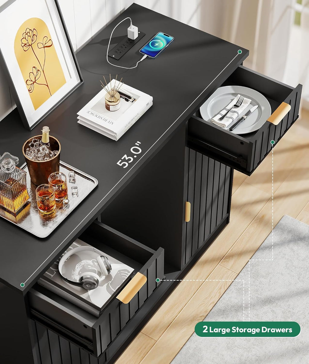 Lamtor Coffee Bar Cabinet with Storage - 53" Mini Fridge Cabinet with Power Outlet, Fluted Wine Bar with Drawer & Door Storage for Kitchen Dining Room, Black