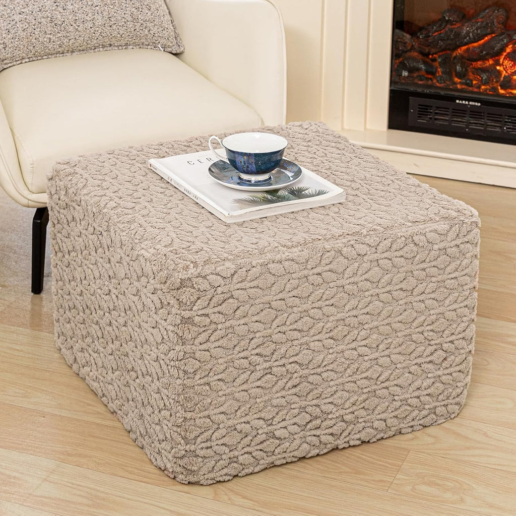 Square Stuffed Pouf Ottoman Poufs with One-Piece Seamless Foam Filling, Furry and Fluffy Pouf Foot Stool, 20 X 14 Floor Poufs Ottoman Foot Rest for Living Room (Light Coffee)