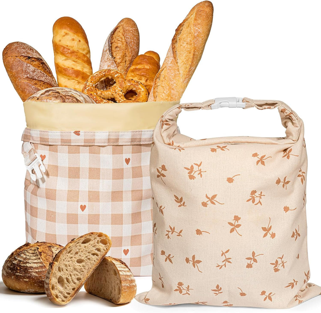 Beeswax Bread Bags for Sourdough, 2 pcs Reusable XL Zipper Beeswax Bread Bags for Homemade Bread Sourdough, Cotton Linen Food Storage Bag for Picnics, Pantry, Long-Lasting Freshness (Rose+Checkered)