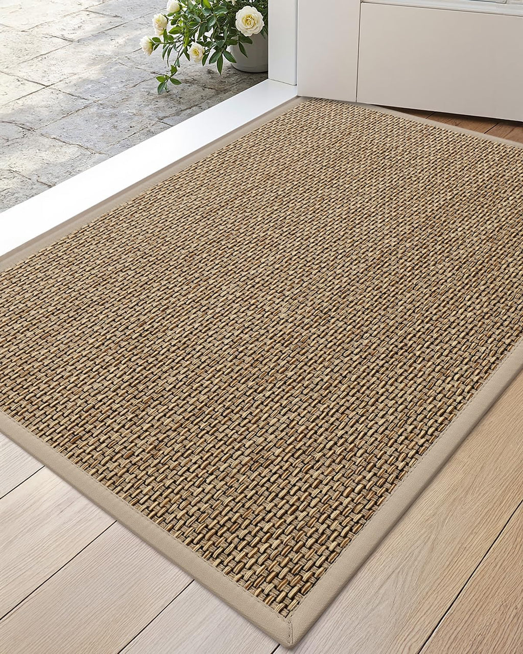 DEXI Ultra Thin Entryway Indoor Door Mat 24x36, Non Slip Rubber Backing Inside Entry Mat, Low Profile Easy Clean Dirt Trapper Doormat for Inside Entrance Patio, Beige