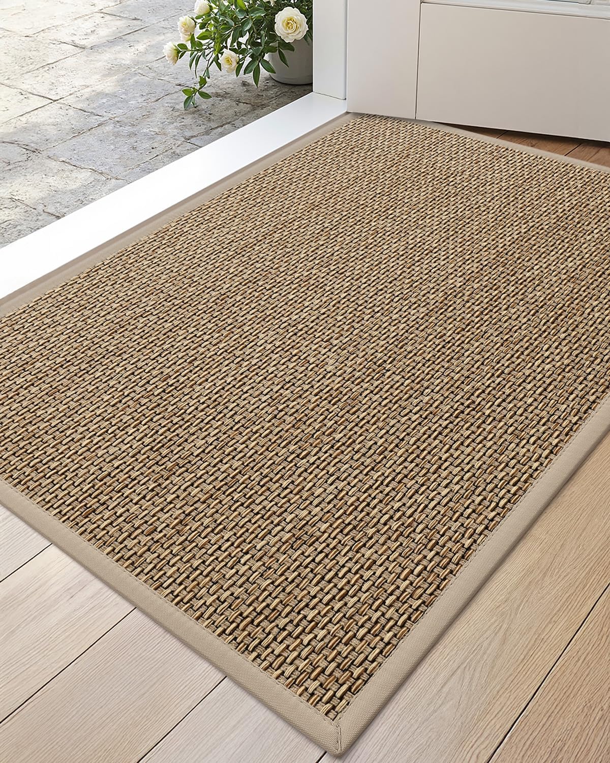 DEXI Ultra Thin Entryway Indoor Door Mat 24x36, Non Slip Rubber Backing Inside Entry Mat, Low Profile Easy Clean Dirt Trapper Doormat for Inside Entrance Patio, Beige