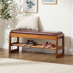39.3" Shoe Rack Bench,2 Tiers Shoe Bench with Storage,Walnut Storage Bench with Faux Leather Cushion for Entrance Entryway Hallway Walnut PU Browm
