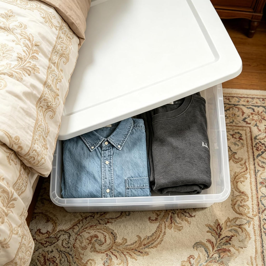 41 Quart Under Bed Storage Containers, Clear, White, 2 Pack | Rigid Plastic, Snap-On Lid, Stackable, Flat Organizer Boxes