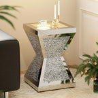 IKIFLY Mirrored Nightstand Set of 2, LED End Table with Irregular Base, Silver Accent Beside Table with Crushed Diamond for Living Room, Bedroom and Office (Remote Control Included)