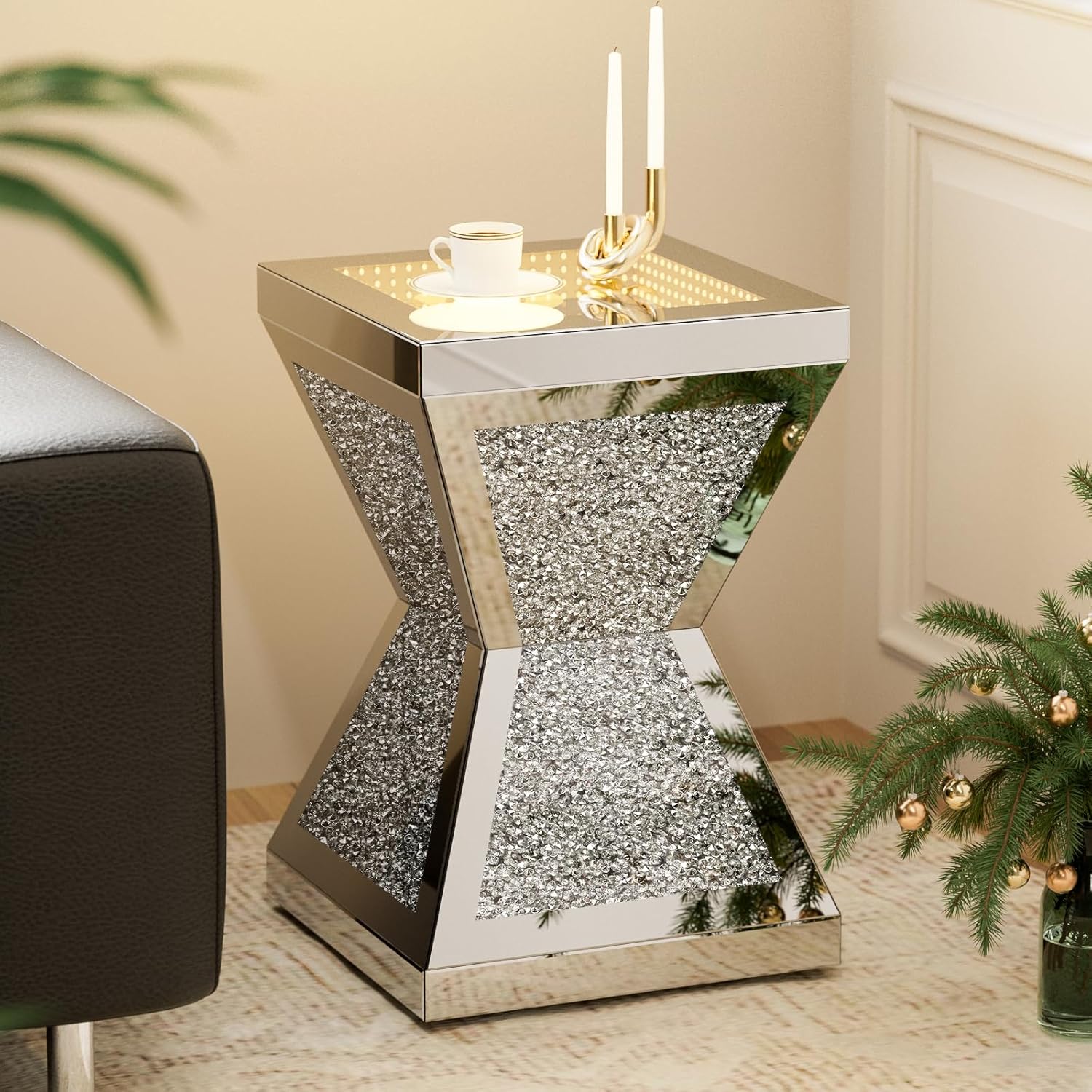 IKIFLY Mirrored Nightstand Set of 2, LED End Table with Irregular Base, Silver Accent Beside Table with Crushed Diamond for Living Room, Bedroom and Office (Remote Control Included)