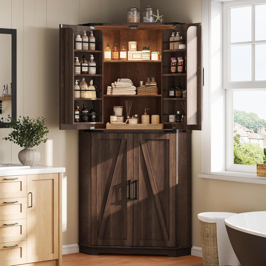 Dripex 71" Brown Farmhouse Corner Pantry Cabinet with LED Light, Tall Storage Cabinet with Doors & Adjustable Shelves, Food Pantry for Kitchen, Living Room, Dining Room