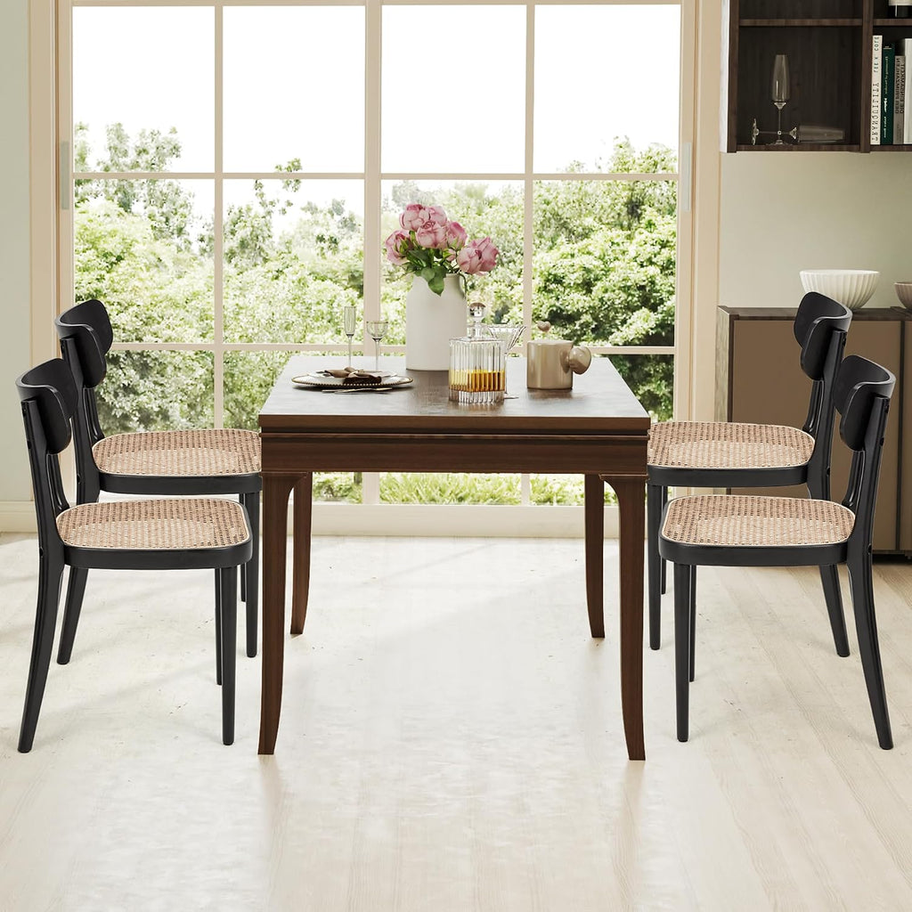 AVAWING Black Wood Dining Chairs Set of 4, Farmhouse Dining Chairs with Cane Seat and Curved Back for Kitchen & Dining Room