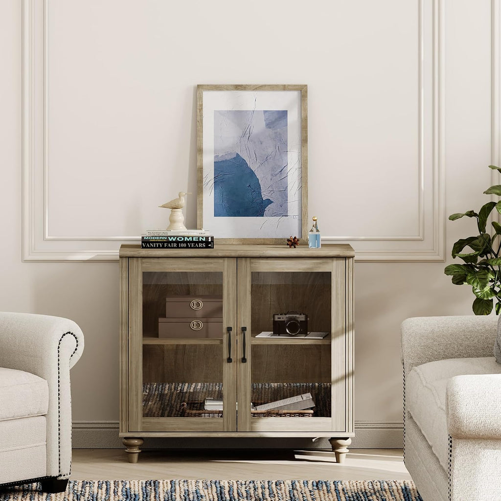 WAMPAT Farmhouse End Table with Ample Storage, Large Mid Century Modern Wood Bedside Table Night Stand, Wide Sofa Side End Table with Glass Doors, Cabinet for Living Room, Bedroom, Wash Grey