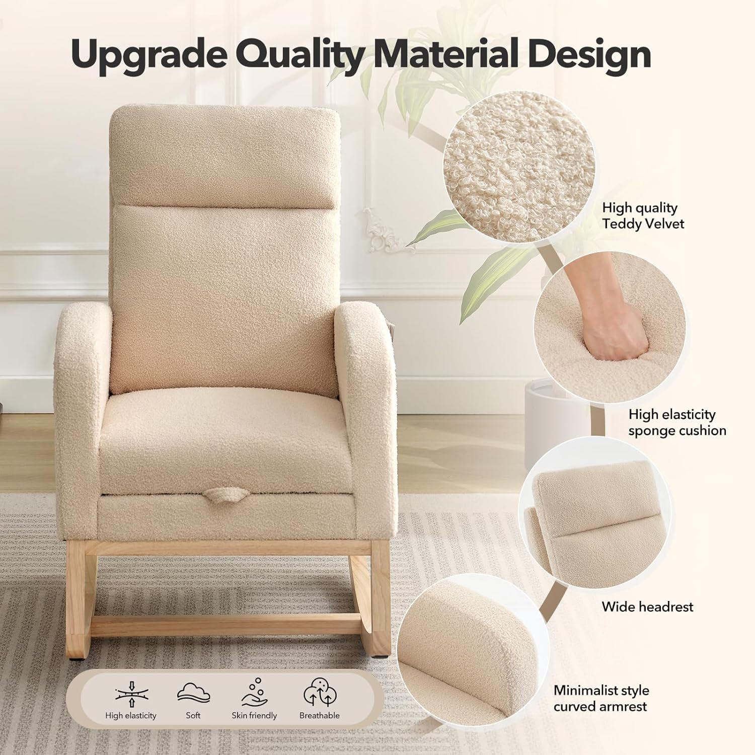 Rocking Chair Nursery, Nursing Rocking Chairs with Foot Rest for Mom Nursery,Rocker Glider Chair with High Backrest for Living Room, Bedroom, Upholstered Lounge Chair with Solid Wood Base for Relaxin
