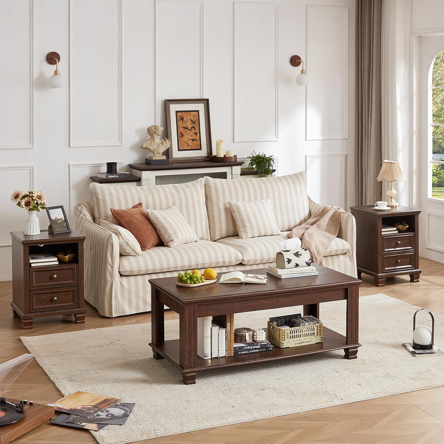 SAVOR LIFE Farmhouse Living Room Table Set,Rustic Wooden Coffee Table Set of 3,Large Coffee/End Side Tables with 2 Drawers for Living Room,Walnut